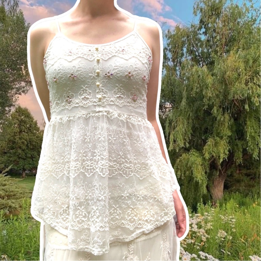 True Vintage y2k Candie's White Lace and Pink Beaded Babydoll Cami, Size M